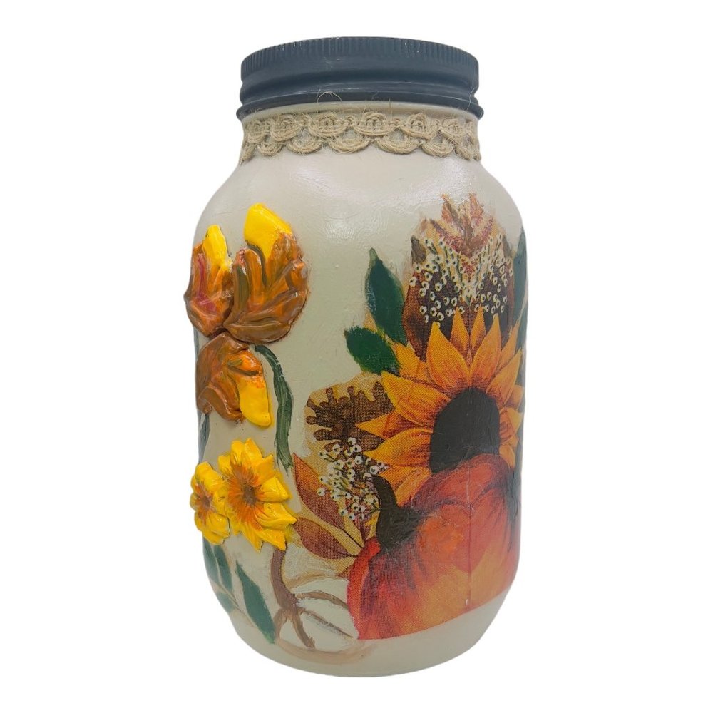 Handcrafted Floral Mason Jar with Truck Design and 3D Clay Farmhouse Artwork - Picture 4 of 13